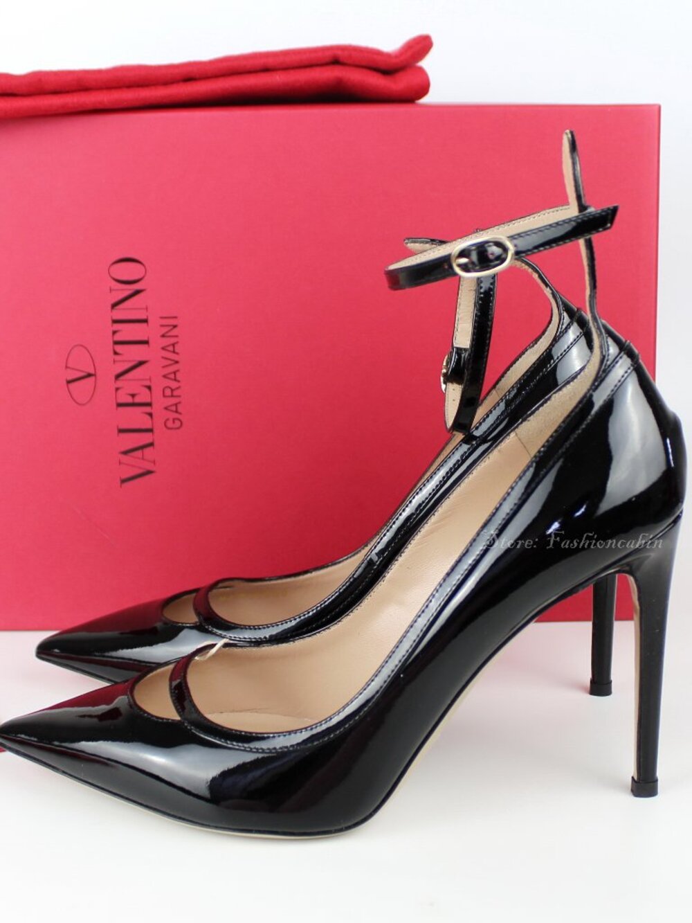 NEW Valentino Garavani Pointed Toe Ankle Strap Pumps, EU 38, Black Patent Leathe